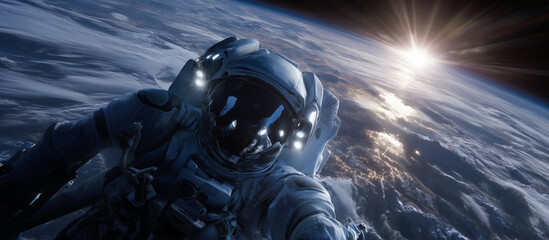 Astronauts performing a spacewalk outside the International Space Station, Earthâs surface visible below, high-detail realism, golden hour sunlight reflection Keywords: spacewalk,