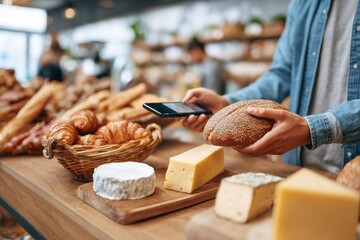 Person scanning bread with smartphone in bakery surrounded by cheese and pastries. Contactless payment. concept of digital payment