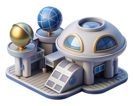 Futuristic research station isometric view science building design space age architecture 3d illustration isolated on transparent background