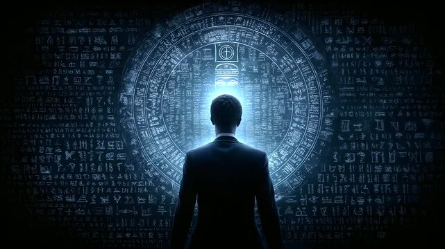 Cryptographer Surrounded by Ancient and Digital Symbols in Focus