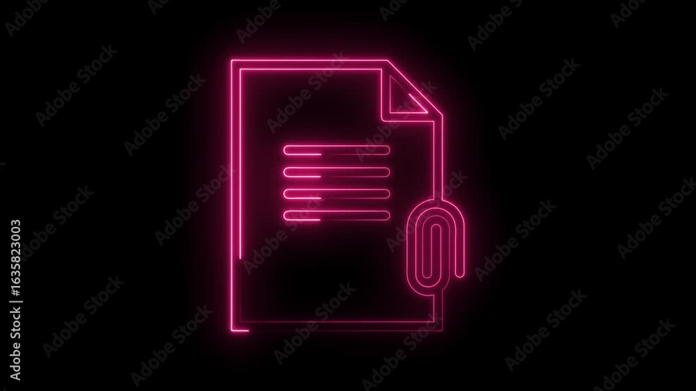 Poster glowing neon document icon with paperclip attached symbolizing secure data or important paperwork in