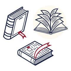 Vector art of collection of stylized book icons with red bookmarks, representing reading and knowledge
