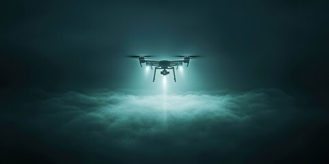 Fototapeta premium A drone hovers above clouds, illuminating the scene with a beam of light, creating a mysterious atmosphere.
