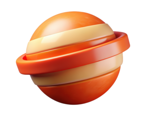 Glossy orange and cream sphere with orbiting bands smooth surface 3d illustration isolated on transparent background