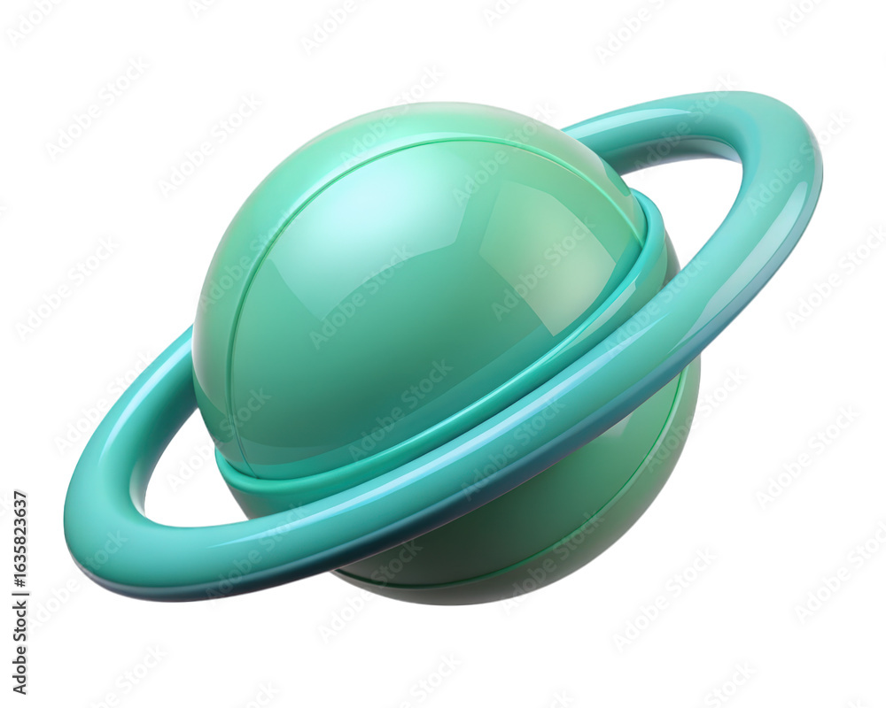 Poster glossy turquoise planet with ring system orbiting around space object 3d illustration isolated on tr