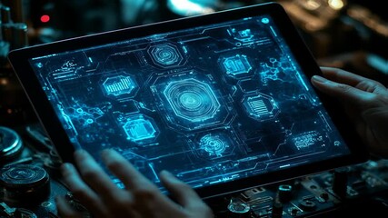 A person holds a tablet displaying a futuristic, neon-blue interface of data visualizations - Powered by Adobe