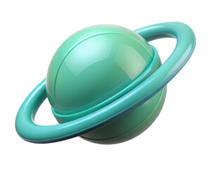 Glossy turquoise planet with ring system orbiting around space object 3d illustration isolated on transparent background