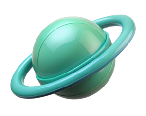 Glossy turquoise planet with ring system orbiting around space object 3d illustration isolated on transparent background