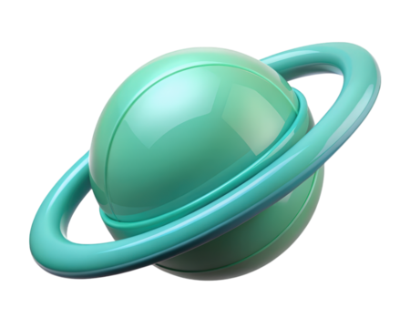 Glossy turquoise planet with ring system orbiting around space object 3d illustration isolated on transparent background - Powered by Adobe