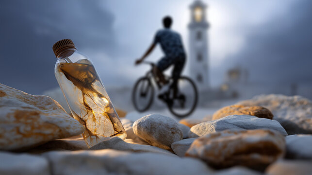 Cyclist refreshing with water on a rocky trail in natural light