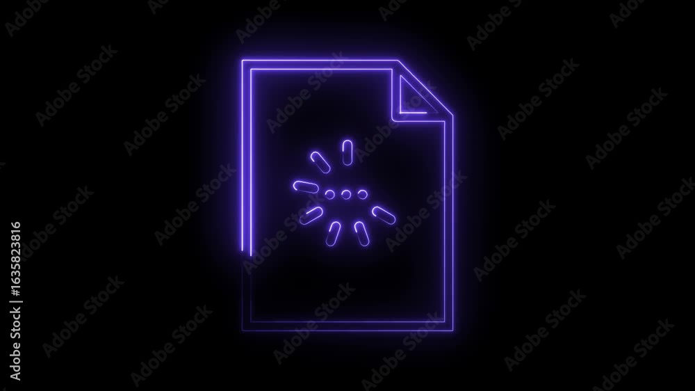 Poster glowing purple neon document icon with loading animation on black background futuristic digital inte