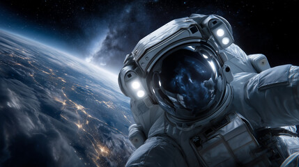 Astronaut floating in zero gravity above Earth, spacewalk scene with full Earth in the background, stars shining in the distance, realistic space photography Keywords: astronaut in
