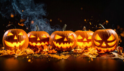 Fototapeta premium Five jack-o'-lanterns and fallen autumn leaves glowing against a smoky black background.