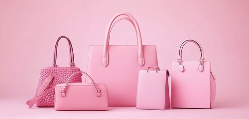 Stylish arrangement of four pink handbags in different styles, uniform color, elegant fashion accessory display, minimal background