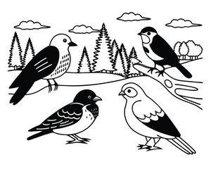 Vector art of a charming black and white illustration of four birds perched on branches with trees and clouds in the background