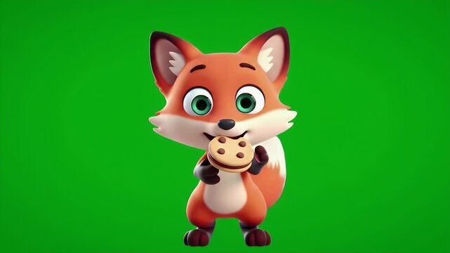 Adorable Cartoon Fox Mascot Holding A Cookie Isolated by Green Screen Background Frontal Shot Rendered in 3D Animation Style Character Design for Children's Content and Educational Material Stock