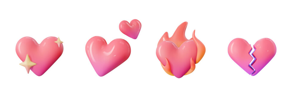 3d emoji sparkling love, two hearts, heart on fire and broken heart icon illustration
