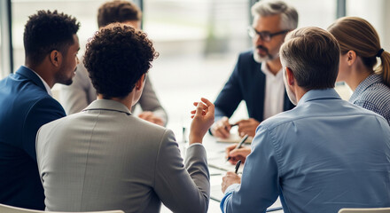 Diverse businesspeople discussing around a round table in a conference room