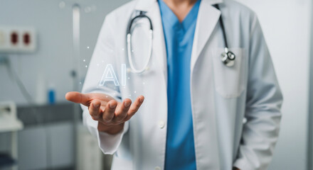 A male doctor in a white coat makes the word "AI" appear on his palm