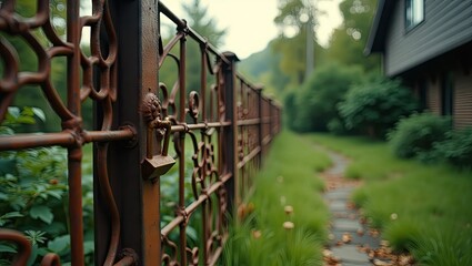 Ornate metal gate with a lock, leading to a pathway in a garden setting.