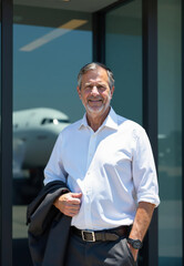 Fototapeta premium Mature Man in White Shirt Outside Building with Private Jet Visible