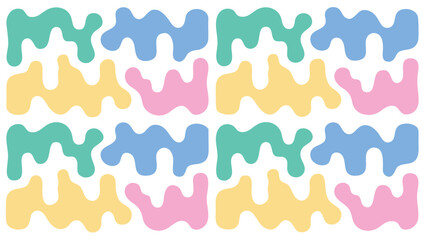 Repeating pattern of colorful abstract shapes on a white background creating a playful design look