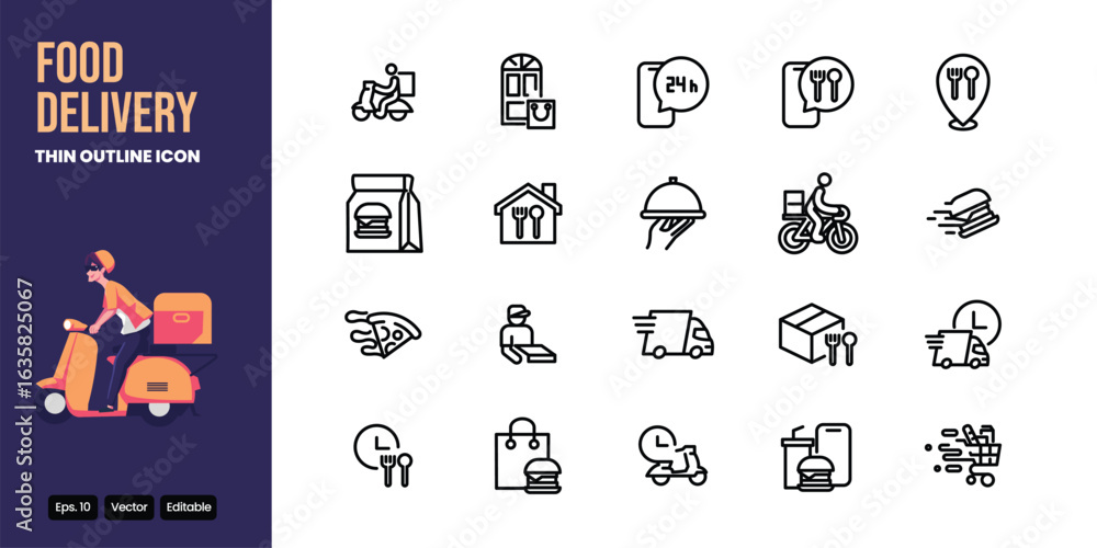Poster food delivery thin outline icon set vector design good for web and mobile app