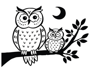 Vector art of two owls sitting on a tree branch under a crescent moon, black and white illustration