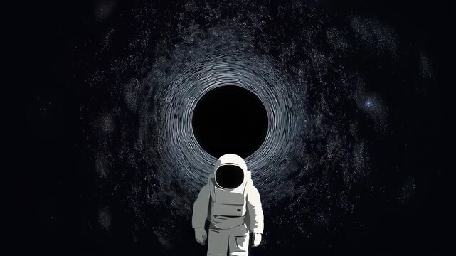 Astronaut standing near massive black hole in deep outer space with glowing cosmic light, swirling accretion disk, distant stars, and vibrant galactic background in a surreal science fiction universe