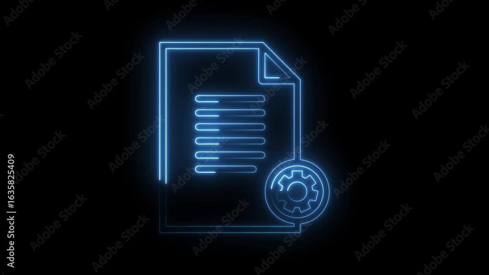 Poster glowing blue neon document icon with gear symbol signifying settings or configuration on a dark back