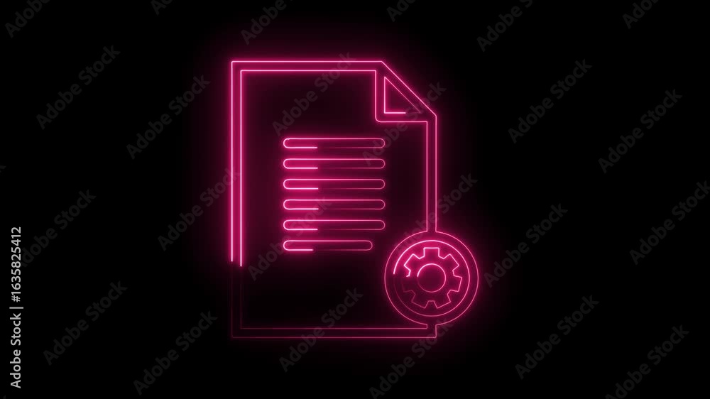 Poster glowing neon document icon with gear symbol for settings configuration and data processing on transp