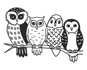 Vector art of four cute cartoon owls perched together on a tree branch, black and white illustration isolated on white background