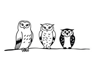 Vector art of three cute owls sitting on a branch, isolated on white background