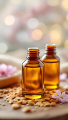 Two amber glass bottles with essential oil and flower petals on a wooden surface with bokeh lights