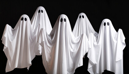 Many Halloween ghosts draped in white cloth floating against a black background