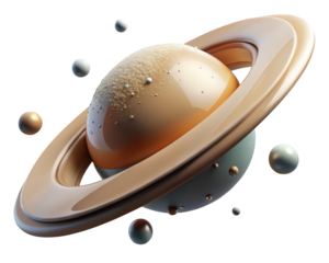 Saturn inspired planet with rings and satellites space exploration futuristic astronomy concept art3d illustration isolated on transparent background