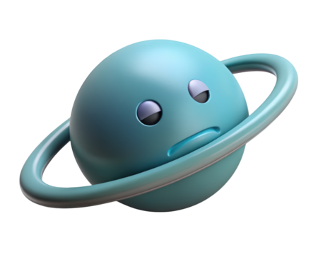 Sad blue planet with rings cartoon character cosmic depression melancholy emotion digital art 3d illustration isolated on transparent background