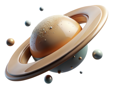 Saturn inspired planet with rings and satellites space exploration futuristic astronomy concept art3d illustration isolated on transparent background