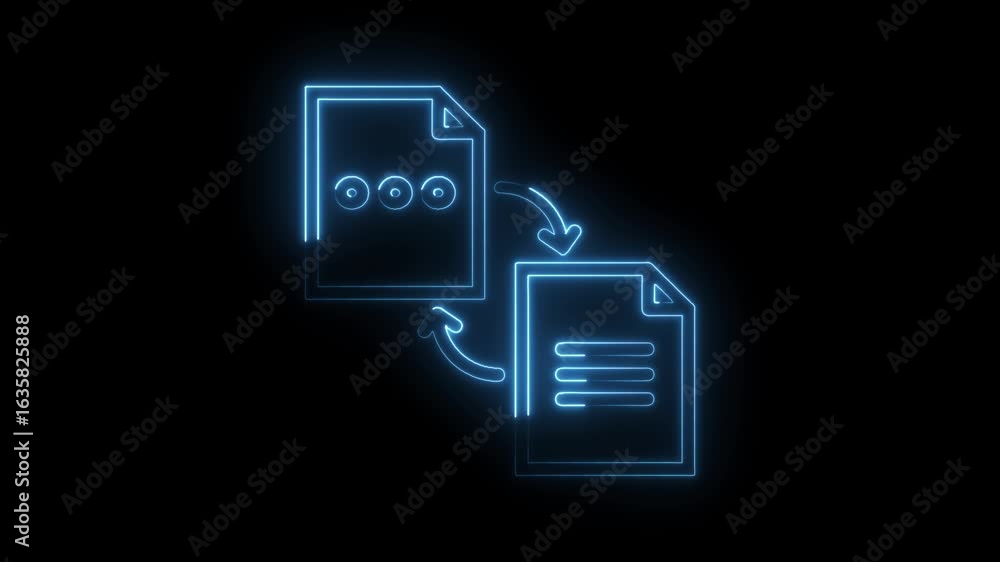Poster glowing neon blue document transfer icon animation with arrows and data symbols on a dark background