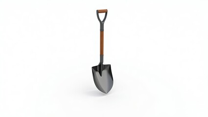 Gray shovel with wooden handle, isolated on white background.