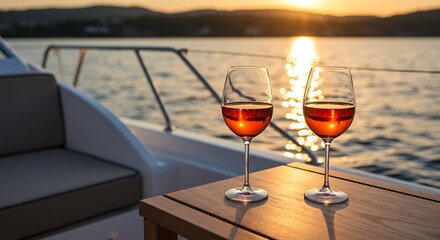 Two glasses of rose wine on a boat at sunset