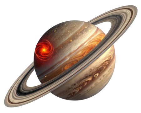 Saturn planet with enhanced red storm and rings striking space scene3d illustration isolated on transparent background