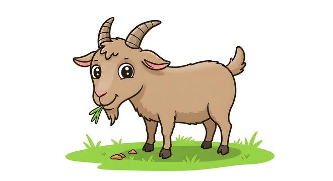 Cartoon goat eating grass on green grass