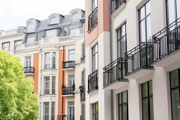 Fototapeta premium Close-up of modern apartment buildings with white walls, orange accents, and black metal balconies in Parisian style
