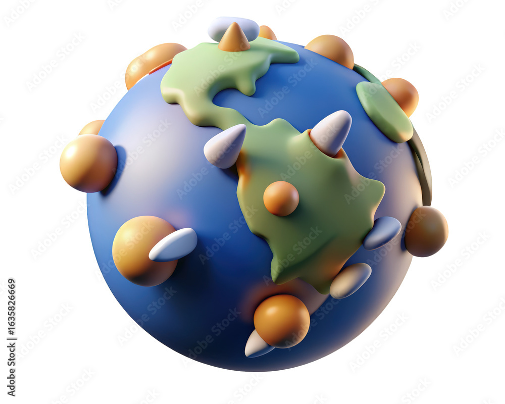 Poster stylized earth globe rendering with abstract continents and elements 3d illustration isolated on tra