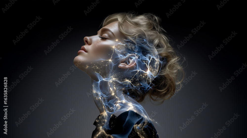Poster side profile of a woman with earth and network nodes overlaid, representing artificial intelligence,