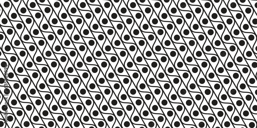 Poster seamless geometric pattern with black circles and curved lines on white background, creating a bold 