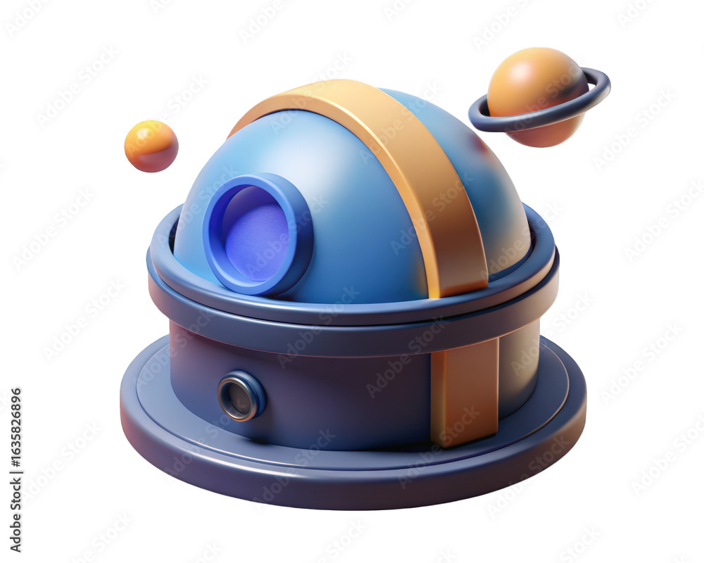 Poster stylized observatory with planets model astronomy exploration and science cute style space theme3d i