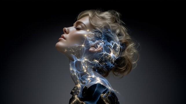 Side profile of a woman with Earth and network nodes overlaid, representing artificial intelligence, big data and machine learning, glowing neural paths, sci-fi portrait, global br