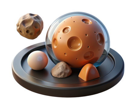 Stylized planets arrangement on platform with glass dome cosmic still life 3d illustration isolated on transparent background